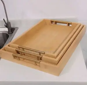 Polished Wooden Serving Tray Set With Gold Metal Handle