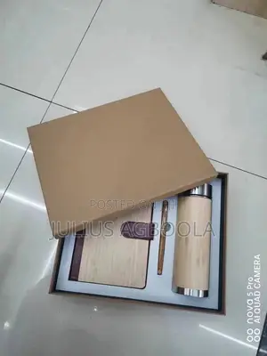 Notepad, Pen and Wooden Temperature Flask