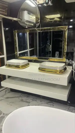 Double Gold White Cabinet Basin With Mirror With Frame
