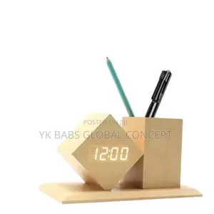 Wooden Led Digital Clock With Pen Holder Organizer Modern Desk Access