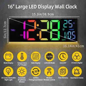 16.2" Large Digital Clock, 8 Colors Digital Wall Clock Te