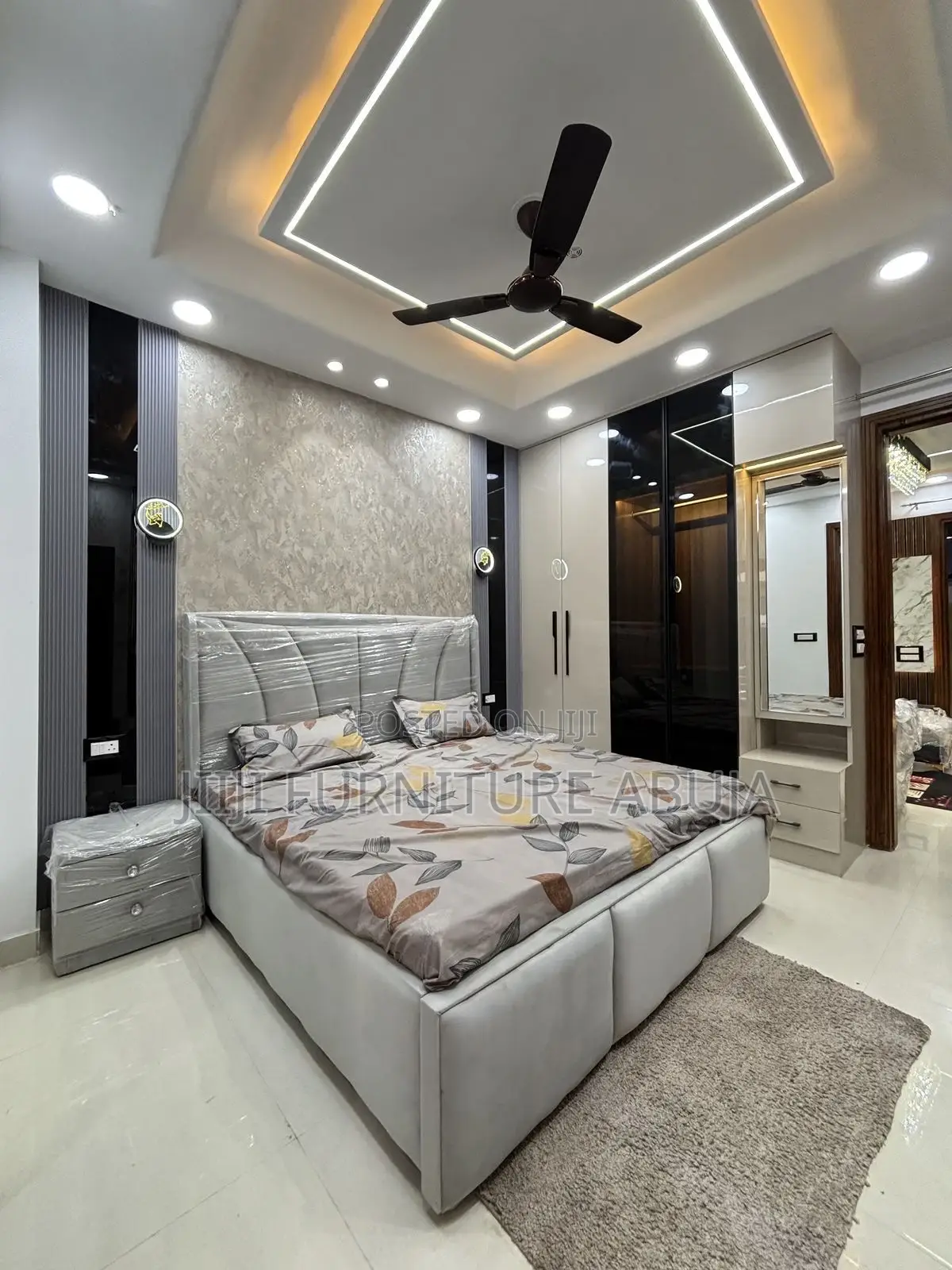 Off-White Padded Bed With Wall Panel