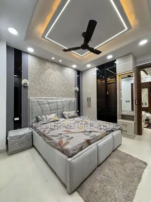 Off-White Padded Bed With Wall Panel