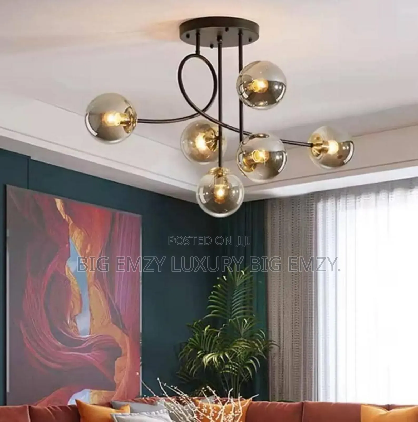 A Modern Metal Armed Ceiling Chandelier or Semi-Flush Ceiling Light.