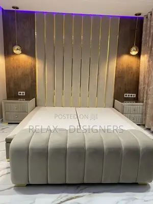 Off-White Padded Bed With Ottoman Brown Background