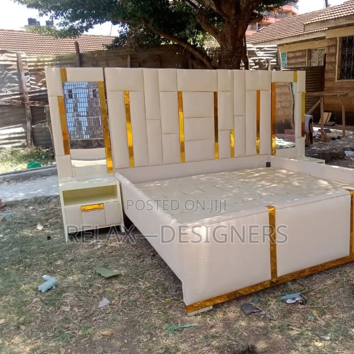 Off-White Padded Bed  With Gold Strips