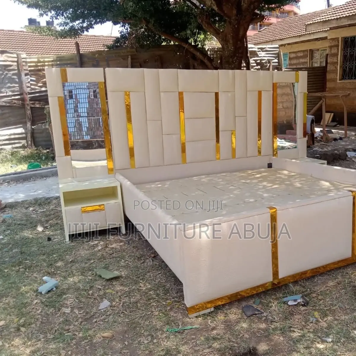 Off-White Padded Bed  With Gold Strips
