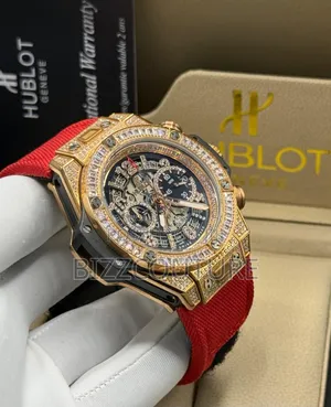Original Hublot Red Faux Leather Strap Iced Quartz Watch