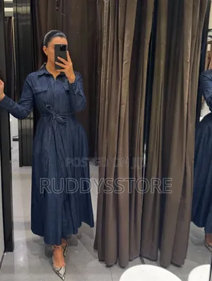 Denim Belted Maxi Shirt Dress – Long Sleeve Elegant Casual Wear