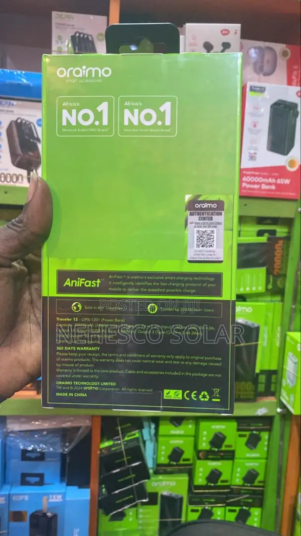 Oraimo 20,000mah With Light || 3 Outputs + 2 Inputs