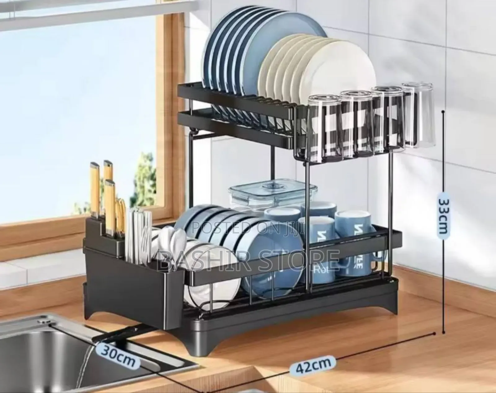 Two-Tier Dish Drying Rack With a Utensil Holder.