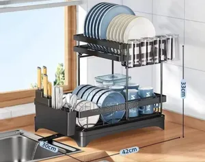 Two-Tier Dish Drying Rack With a Utensil Holder.