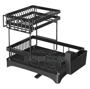 Two-Tier Dish Drying Rack With a Utensil Holder.
