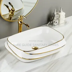 White With Gold Lines Ceramic Counter Top Basin