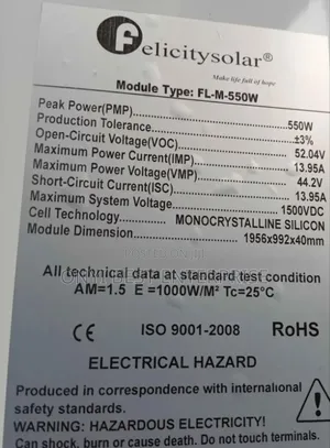 Felicity Mono Crystalline Solar Panel 550watts Grade A