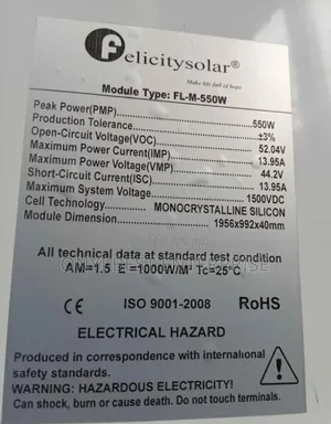 Felicity Solar Panel 550watts Available Now