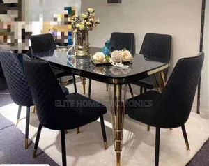 Luxury Black Marble Dining Table Set With 6 Quilted Velvet Chairs