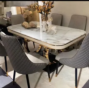 Luxury Black Marble Dining Table Set With 6 Quilted Velvet Chairs
