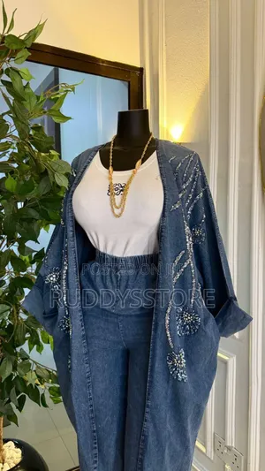 Embellished Denim Two-Piece Set Women – Beaded Kimono Jacket Pants