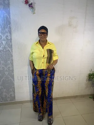 Ladies Yellow Crop Top With Ankara Cargo Pants Embellished With Asoke