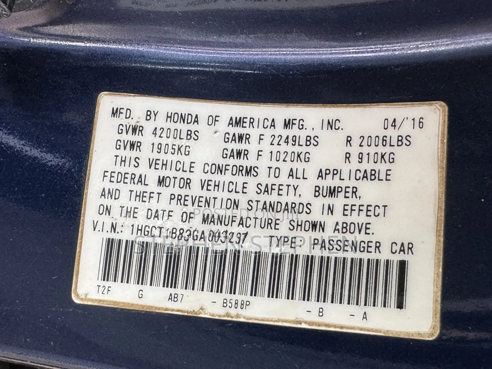 Honda Accord 2016 Blue