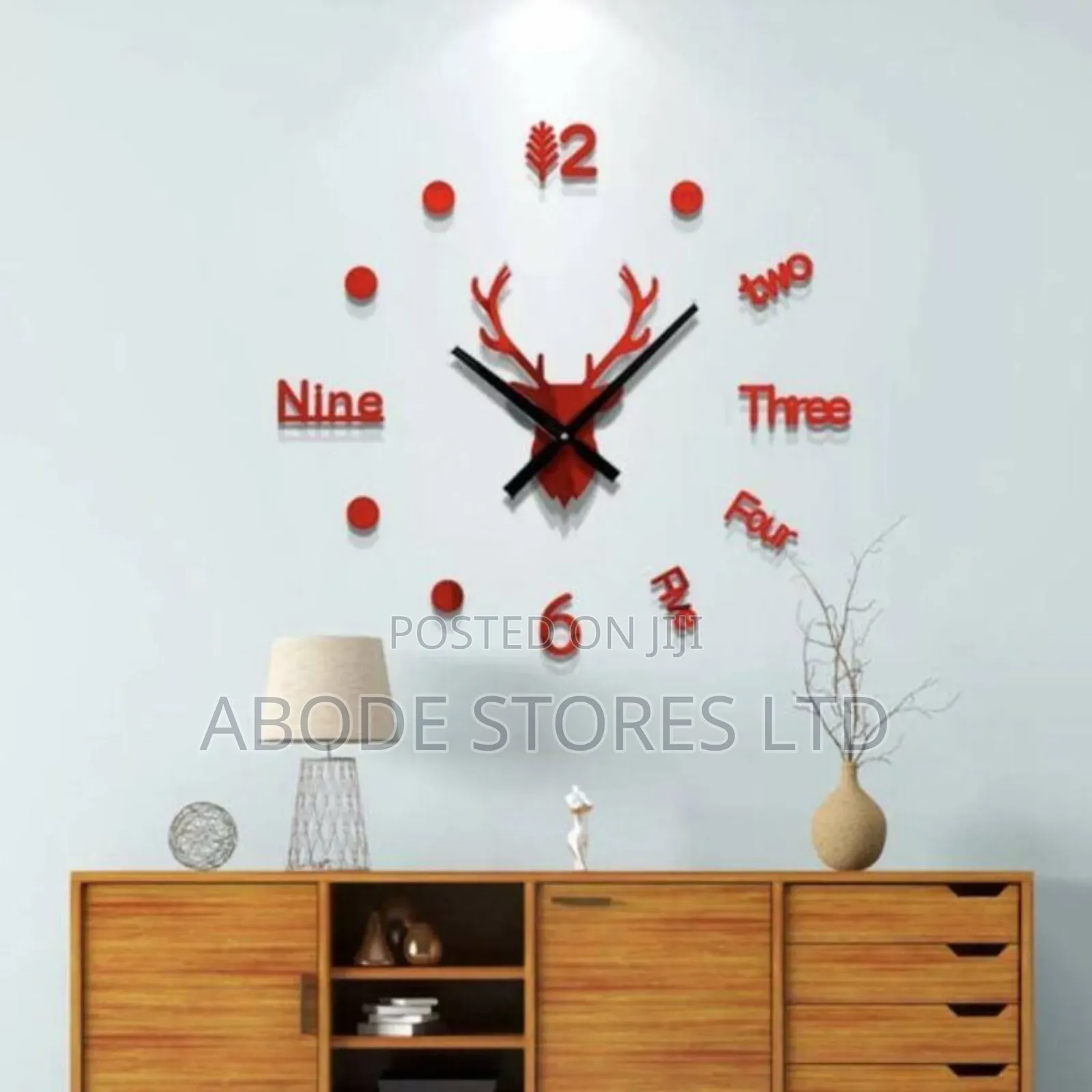 Deer Head Diy Wall Colock 40cm Red