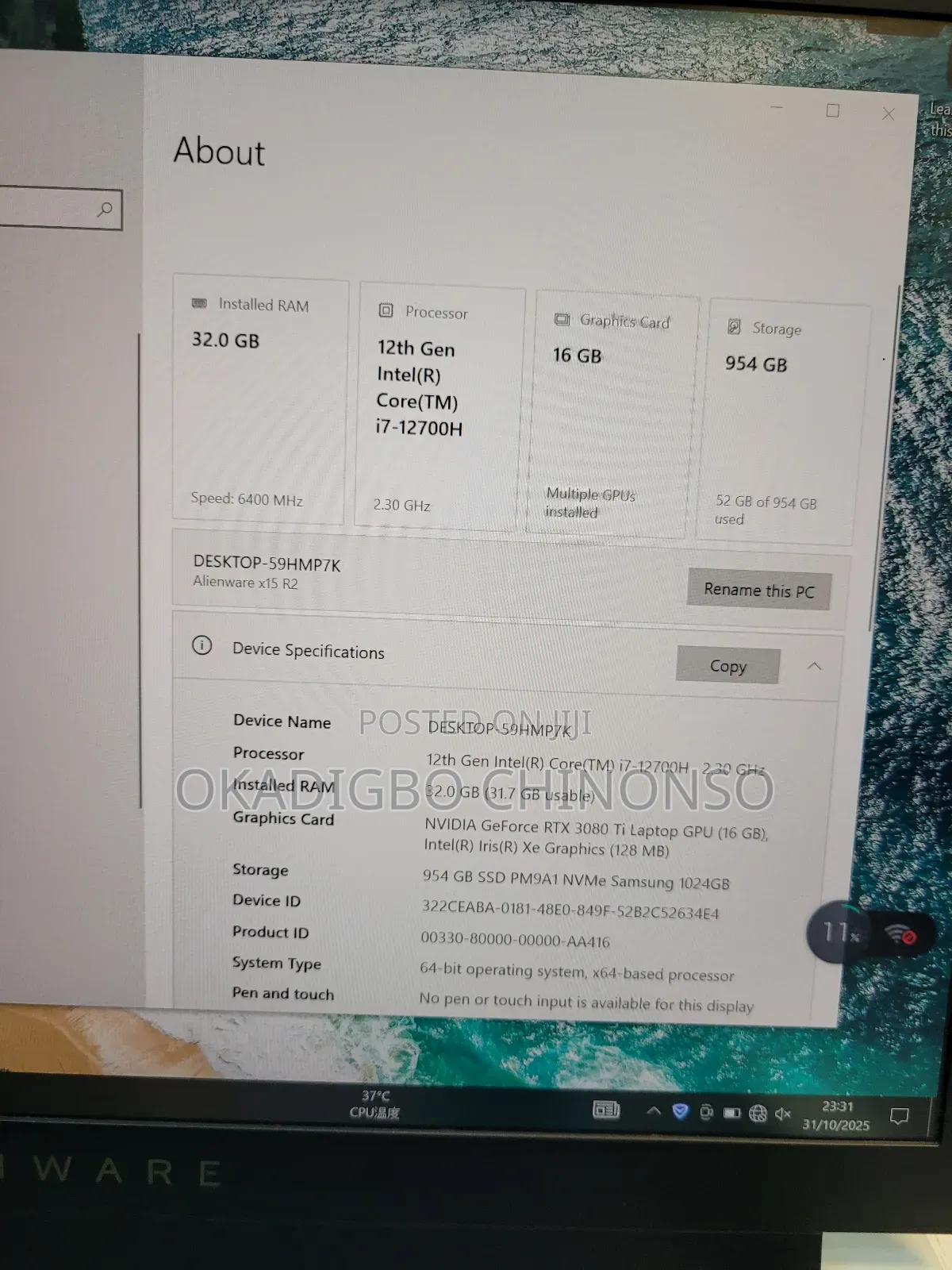 Laptop Dell Alienware X15 R2 16GB Intel Core I7 SSD 1T
