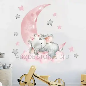 Moon Sleeping Elephant With Garland Wall Sticker - 30*90cm - Pink