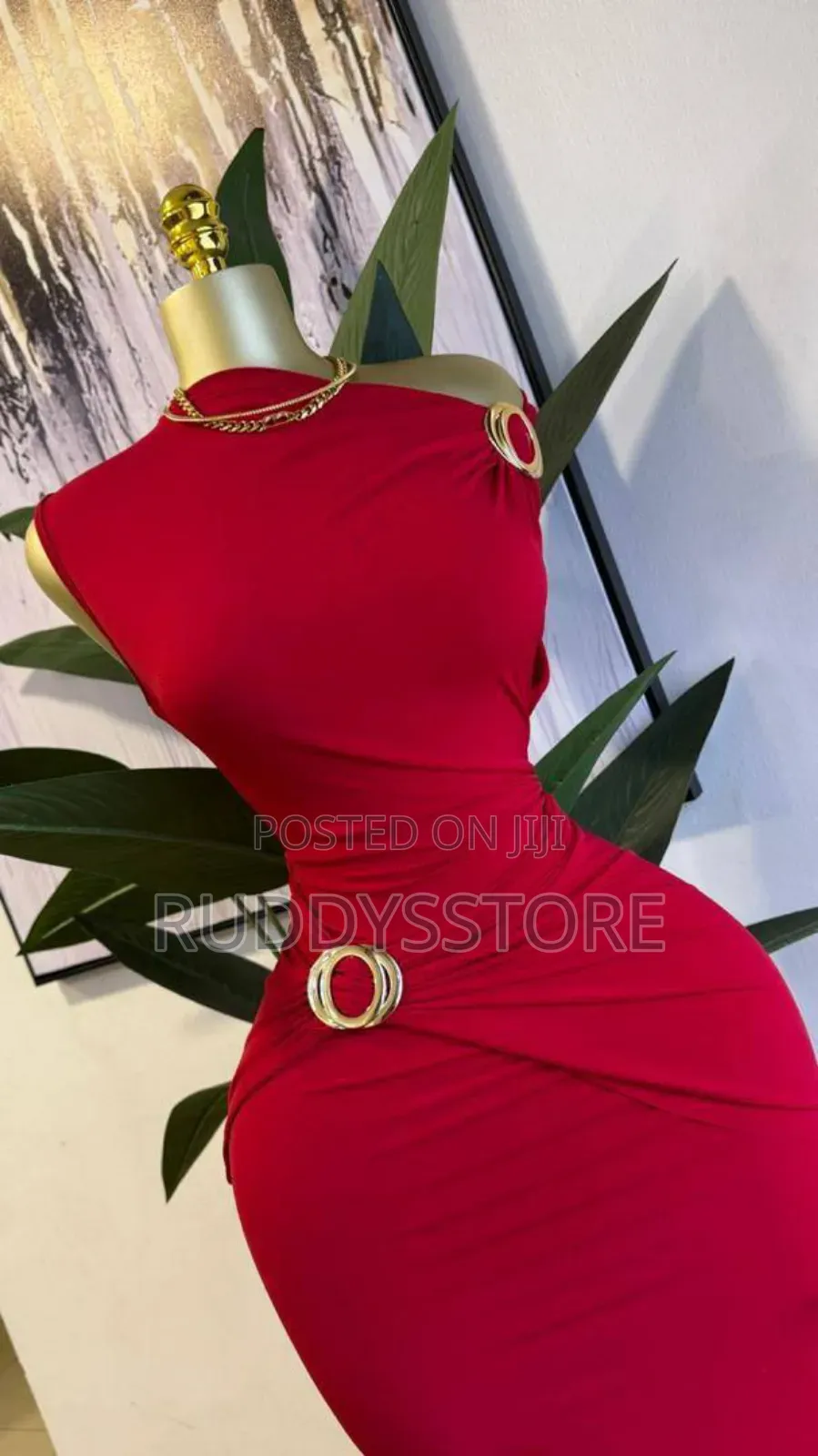 Elegant Red Bodycon Maxi Dress With Gold Buckle Detail 