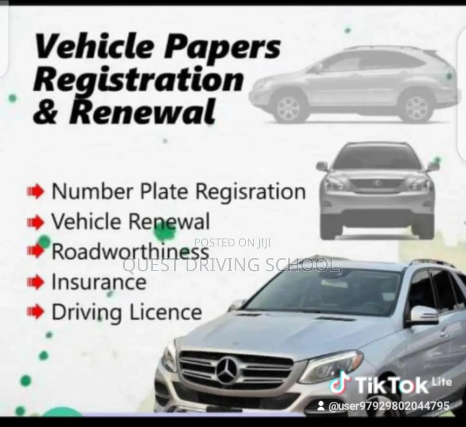 Driving School Training, Processing of Driver License, Vehicle Papers