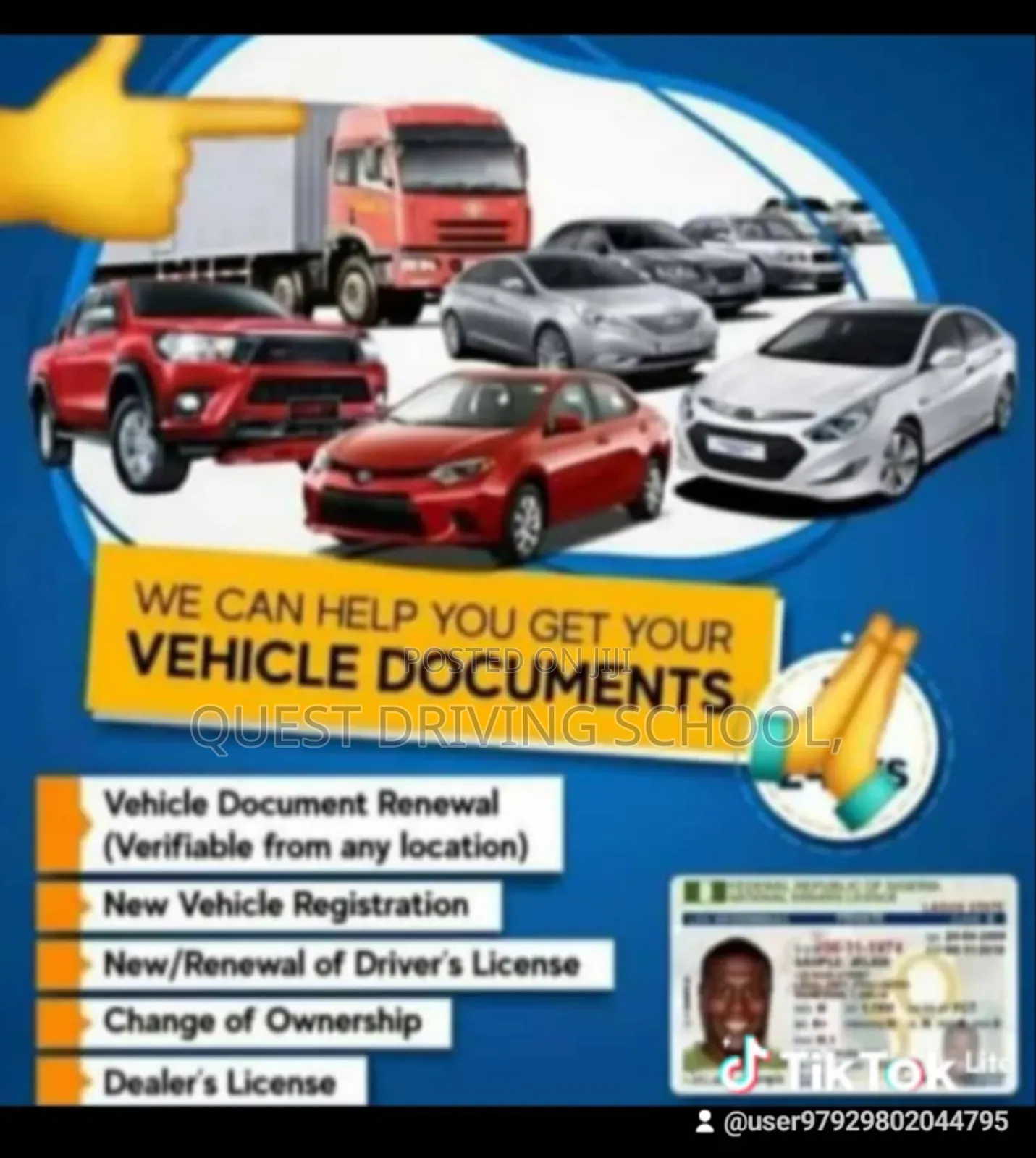 Driving School Training, Processing of Driver License, Vehicle Papers
