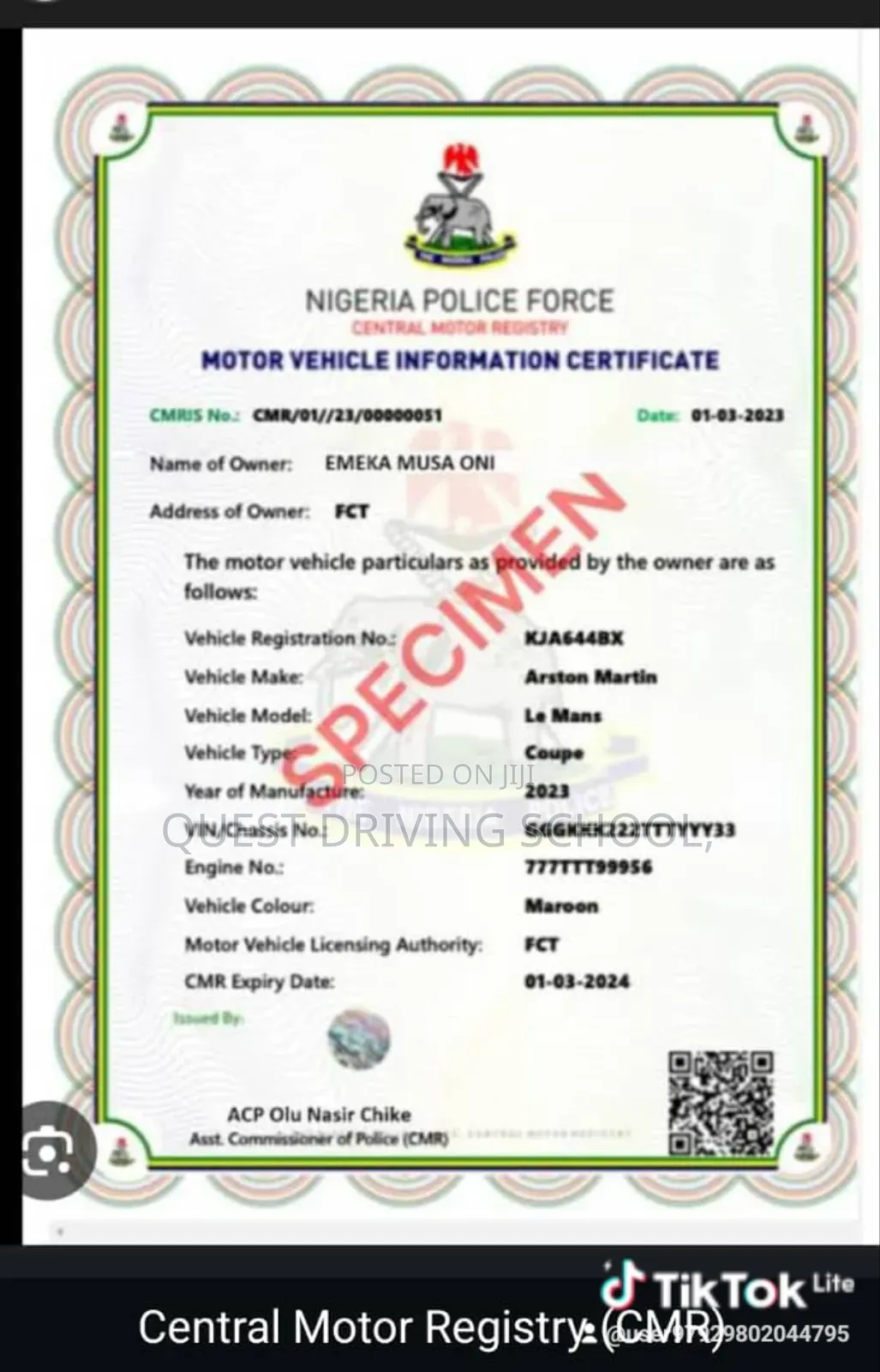 Driving School Training, Processing of Driver License, Vehicle Papers