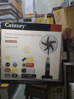 18" Century Mist Rechargeable Fan, Black Color, 1 Year Warranty.