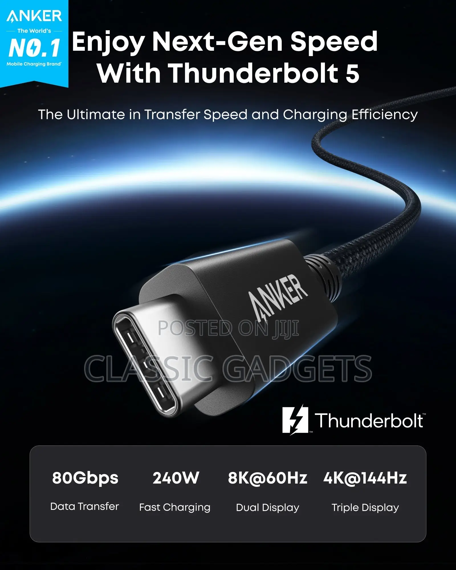 Anker Prime Thunderbolt 5 Cable (3.3 Ft, 80gbps, 240w)