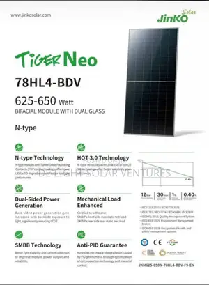 625-650 Watt Bifacial Module With Dual Glass Jinko Panels