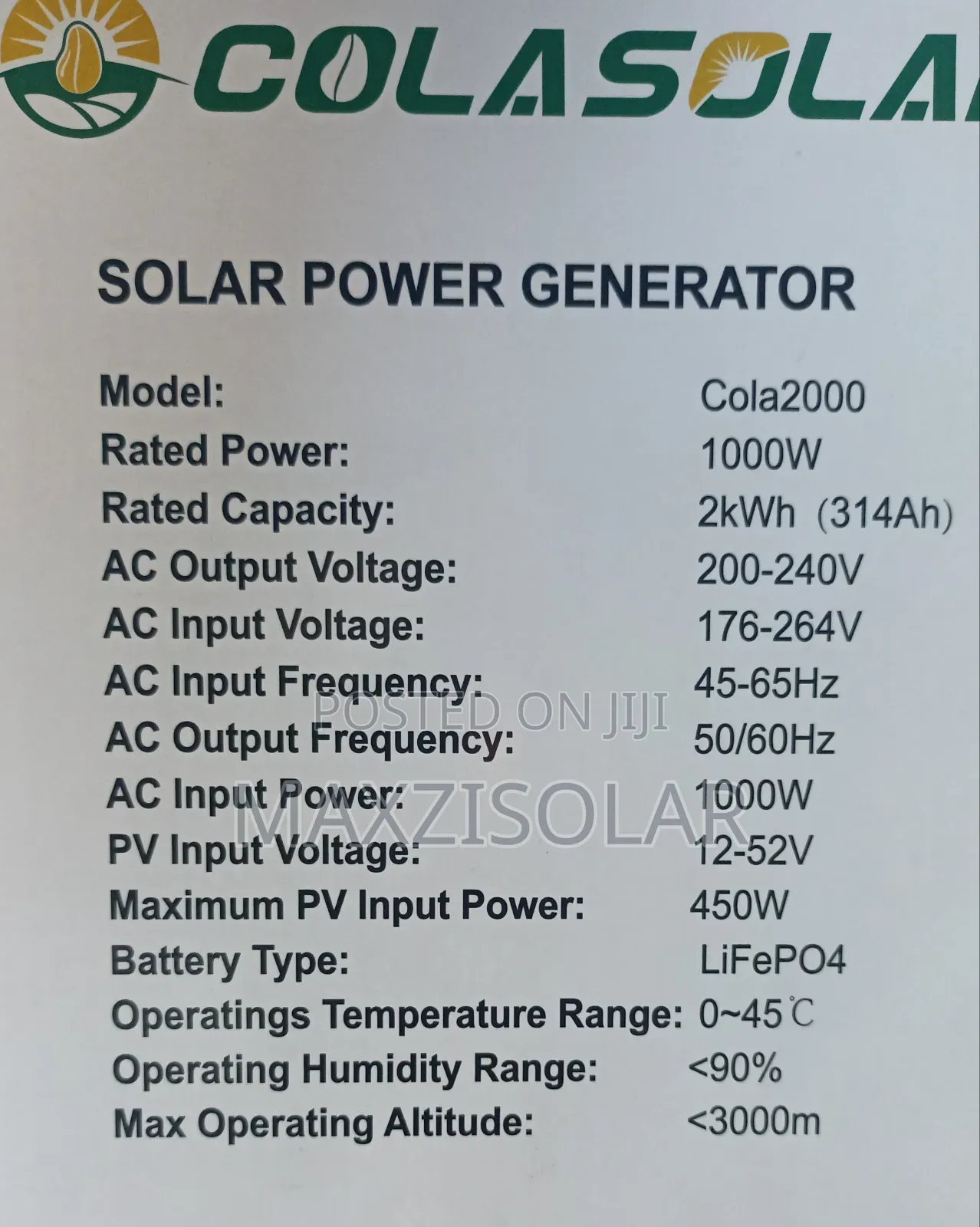 2kwh Colasolar Generator