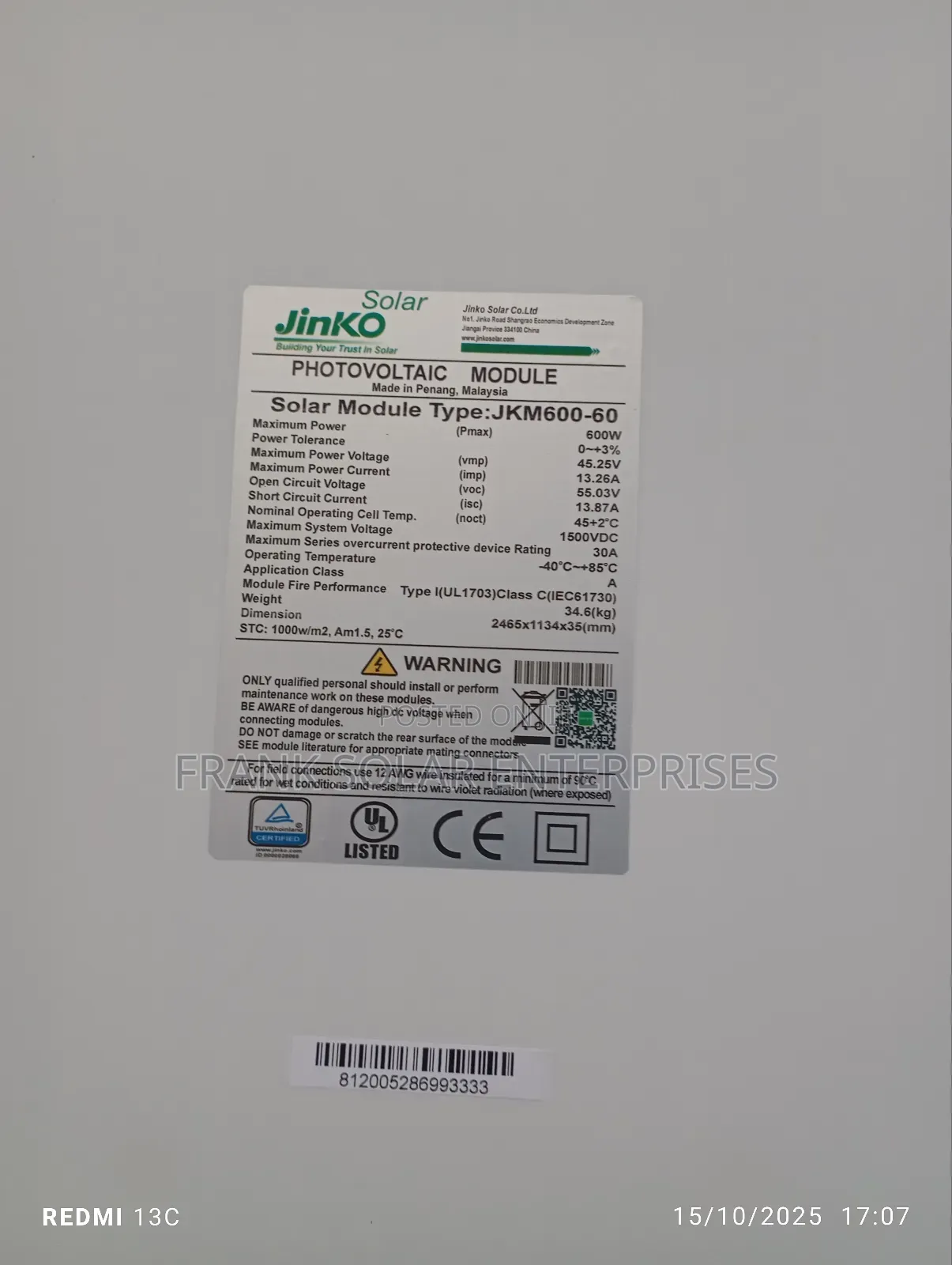 Jinko Solar Panel 600wstts Jinko