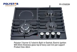 3 Burner and 1 Electric Polystar Built-in Gashob With 8mm Thickness