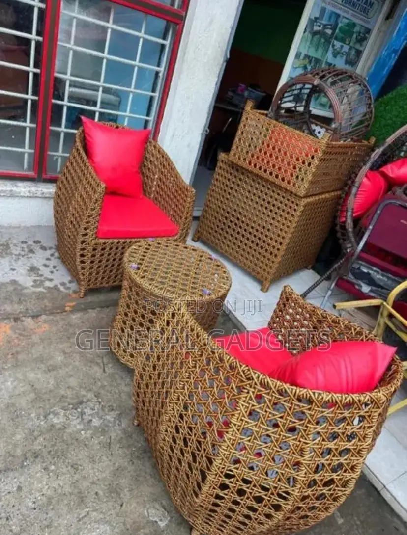 Rattan Table With Two Padded Chairs