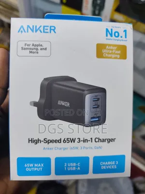 Anker 65w 3in1 3 Port Gan Wall Charger 2 Usb C 1 Usb A