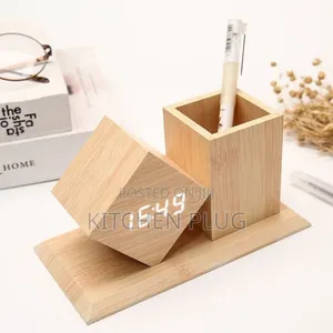 Bamboo Desk Clock With Pen Holder