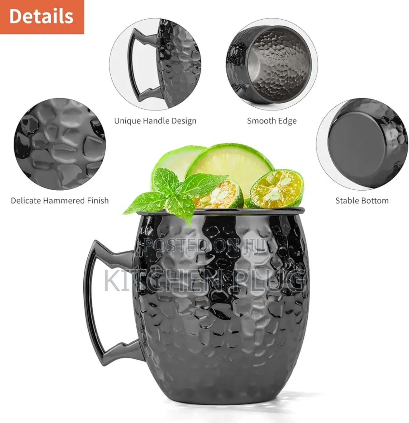 , 16 Oz Black Hammered Mule Cup With Handle, For Cold Drinks