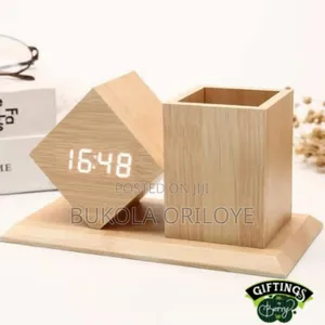 Bamboo Digital Clock and Temperature Pen Holder