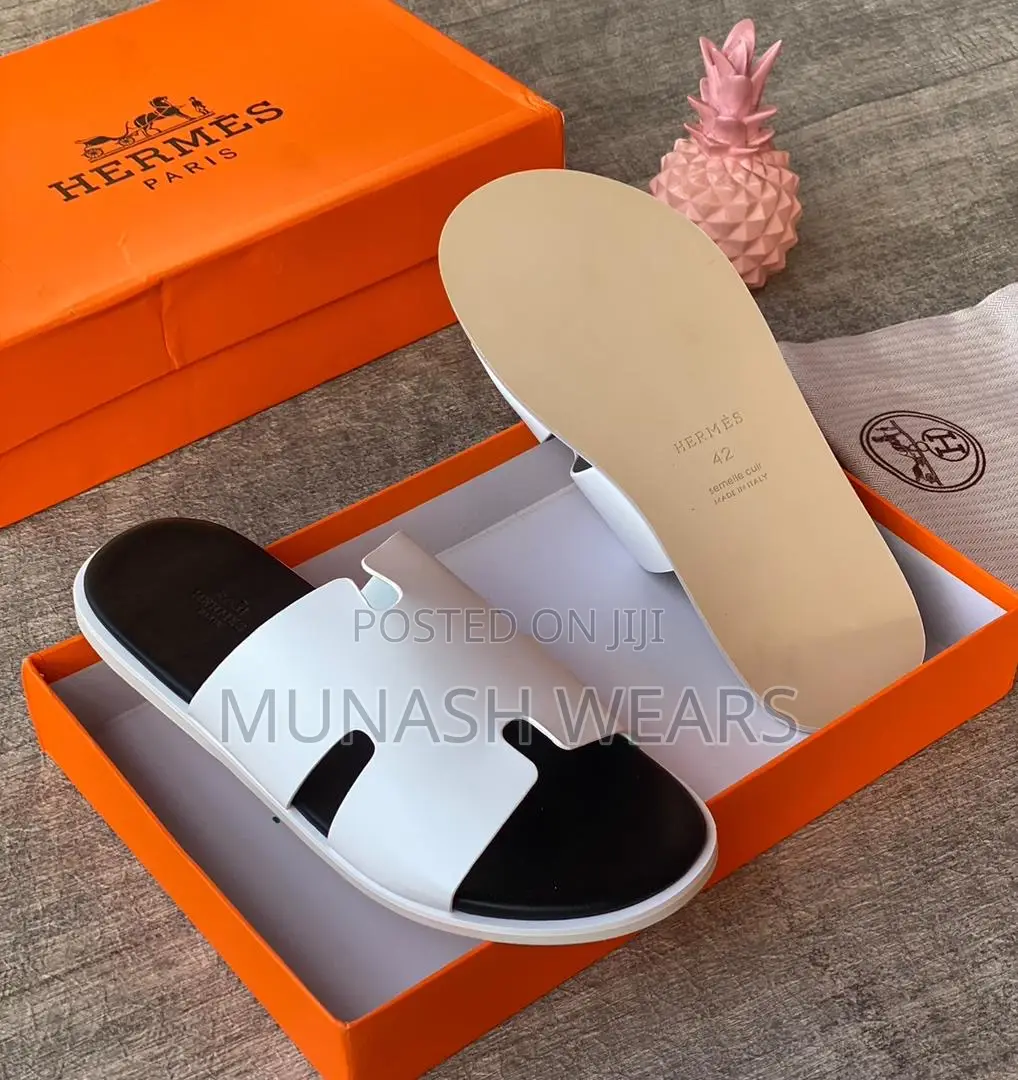 White Hermes Leather Slipers 40-46