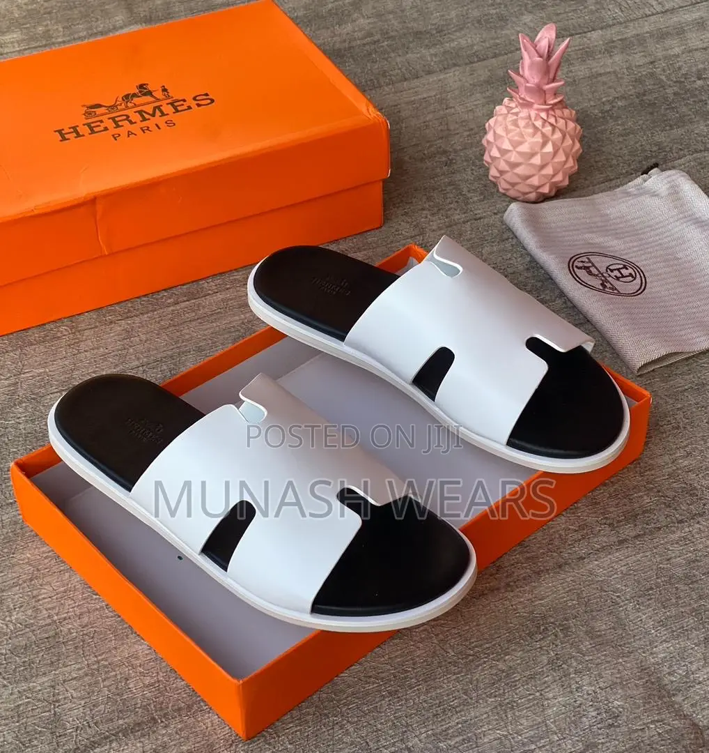 White Hermes Leather Slipers 40-46