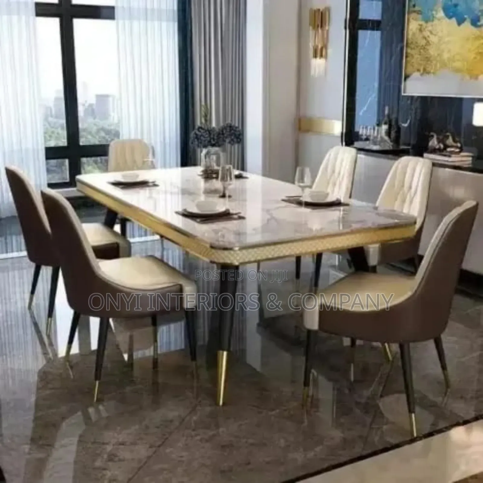 Morden Quality Marble Dining Table and 6 Solid Leather Chairs