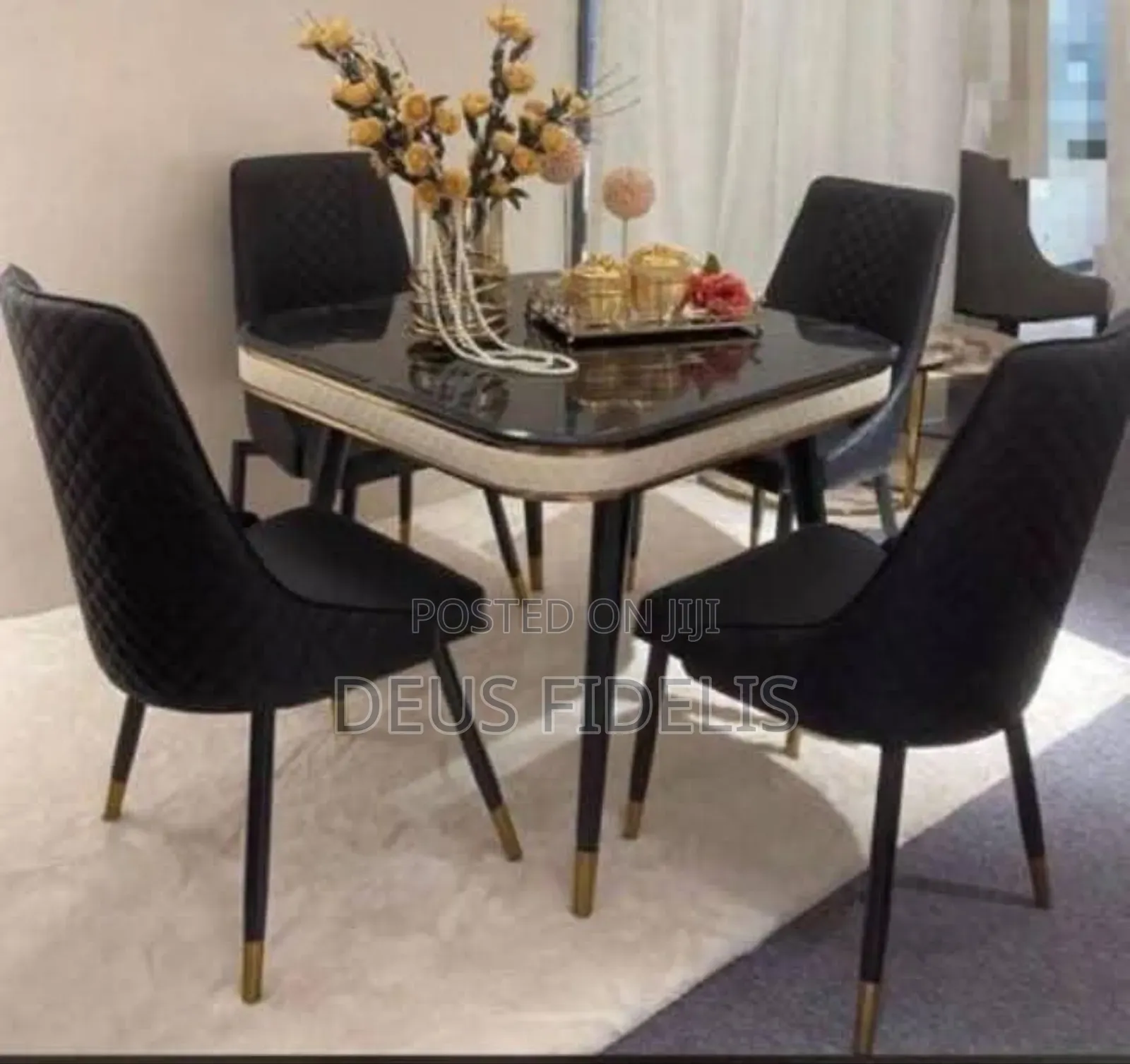 Black 4 Seaters Marble Dining Table Set