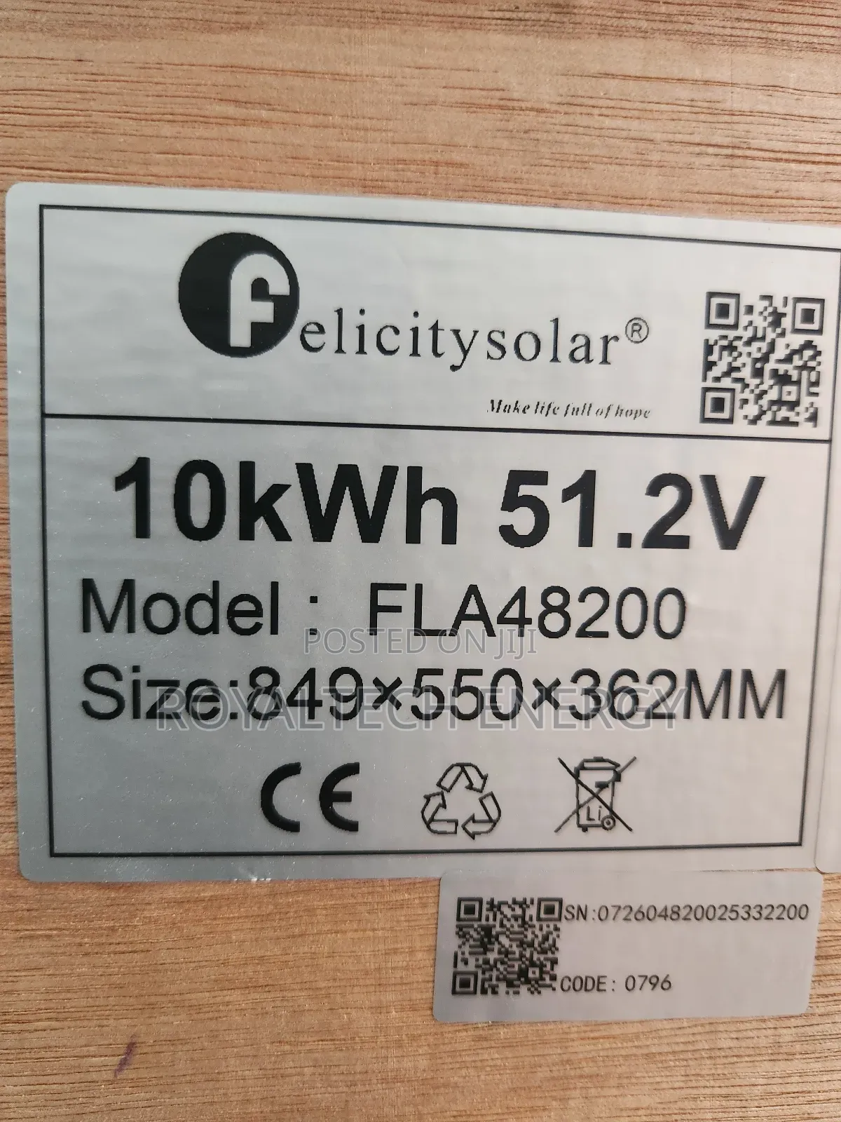 Felicity 10kwh 51.2v Lithium Phosphate Battery Flat