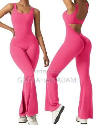 Women Workout Long Sleeve Backless Flare Jumpsuit Scrunch V Back