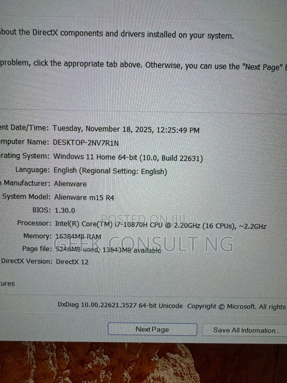 Laptop Alienware M15 r3 16GB Intel Core i7 HDD 1T